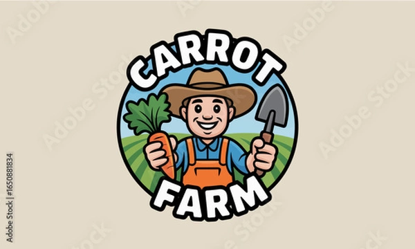 Fototapeta A friendly farmer proudly holding a large carrot along with a shovel, showcasing the essence of agriculture and farming life in a vibrant field setting.