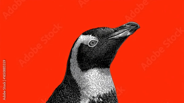 Fototapeta Detailed black and white illustration of penguin head with bright red background, emphasizing