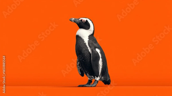 Fototapeta Penguin standing upright orange background with curious expression, detailed black and white