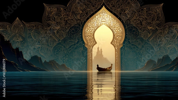 Fototapeta Boat floating water with ornate archway and distant castle silhouette, surrounded by mountains