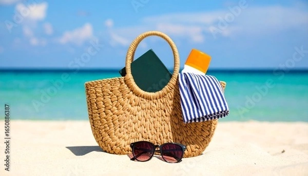 Obraz 
Enjoy your vacation with this beach bag containing a book, sunscreen, and a striped towel, set on a sandy beach. Perfect for travel and summer-themed ads.
