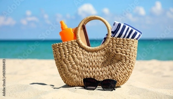 Obraz 
Enjoy your vacation with this beach bag containing a book, sunscreen, and a striped towel, set on a sandy beach. Perfect for travel and summer-themed ads.