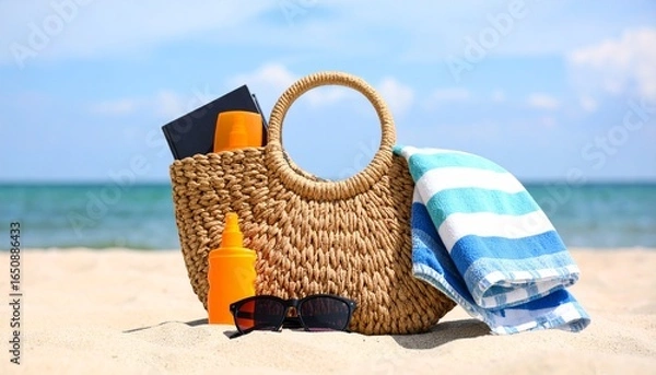 Obraz 
Enjoy your vacation with this beach bag containing a book, sunscreen, and a striped towel, set on a sandy beach. Perfect for travel and summer-themed ads.