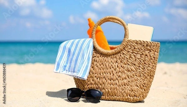 Obraz 
Enjoy your vacation with this beach bag containing a book, sunscreen, and a striped towel, set on a sandy beach. Perfect for travel and summer-themed ads.