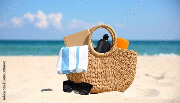 Obraz 
Enjoy your vacation with this beach bag containing a book, sunscreen, and a striped towel, set on a sandy beach. Perfect for travel and summer-themed ads.