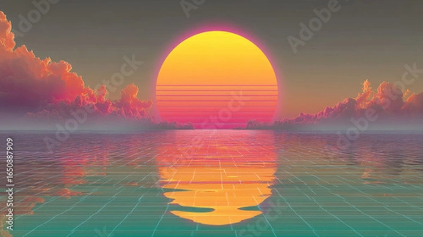 Fototapeta Vibrant sunset over reflective ocean with colorful clouds and grid like surface, creating retro