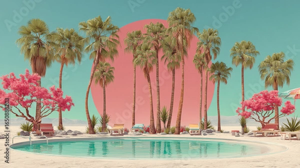 Fototapeta Relaxing tropical pool scene with palm trees, pink flowering trees, lounge chairs, and pink sun