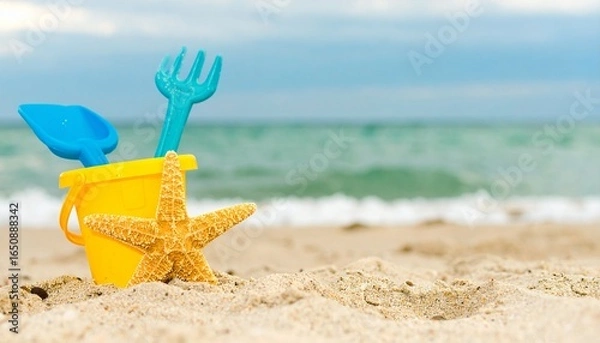 Obraz 
Yellow beach bucket with a blue shovel and a starfish on a sandy beach. Perfect for summer, vacation, and family advertising. Capture the joy of a perfect day.