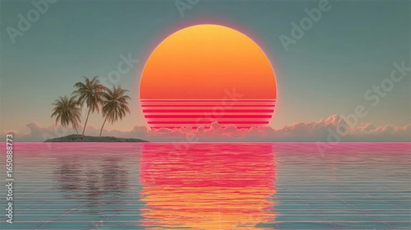 Fototapeta Vibrant sunset over tropical island with palm trees, reflecting calm water, retro synthwave