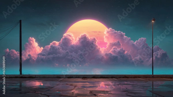 Fototapeta Surreal scene of large, glowing sun partially obscured by pink and purple clouds over calm ocean