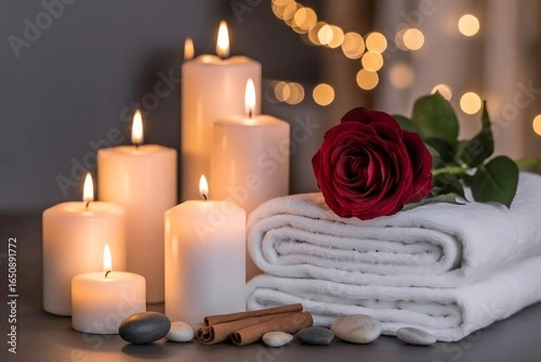 Fototapeta Experience ultimate relaxation with serene candles, soft towels, a single red rose, and soothing spa stones for ultimate tranquility.