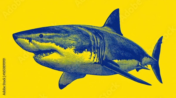 Fototapeta Stylized shark illustration with yellow background and blue details, creating bold and modern
