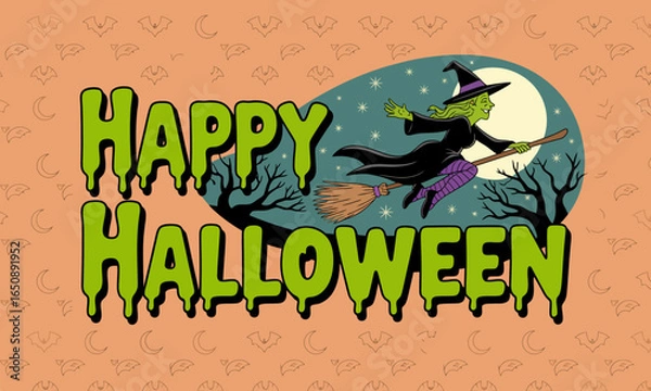 Fototapeta A charming illustration of a witch flying on her broomstick, accented by a festive Halloween theme with a spooky atmosphere, promoting excitement and creativity during Halloween.