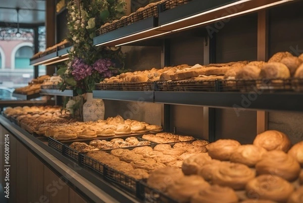 Fototapeta Freshly baked artisan breads and pastries fill bakery shelves, inviting customers with tempting aromas and delightful textures.