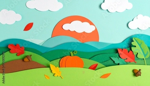 Obraz 
A delightful papercraft autumn scene with a pumpkin, acorns, and colorful leaves. This layered, 3D design is perfect for fall, holiday, and seasonal promotions