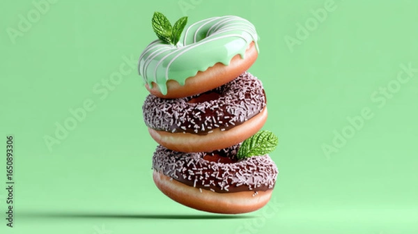 Fototapeta Stack of four donuts with colorful icing and sprinkles fresh mint leaves bright green background