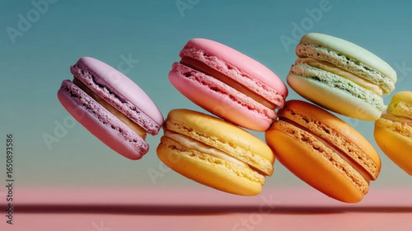 Fototapeta Colorful macarons stacked mid air with soft gradient background, creating playful and vibrant