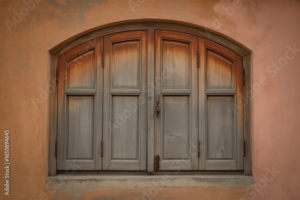 Fototapeta Rustic wooden shutters with aged patina frame a classic arched window on a textured stucco wall
