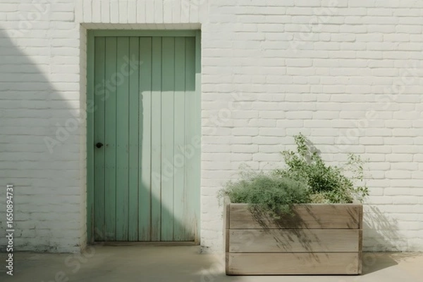 Obraz Serene coastal cottage entryway with weathered mint green door and rustic planter box filled with lush greenery