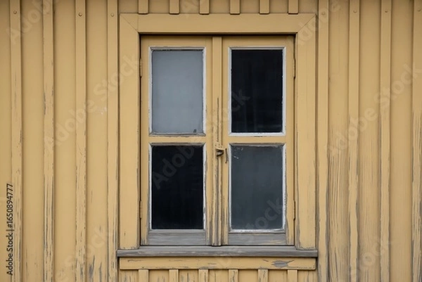 Obraz Weathered yellow wooden wall with a vintage four-pane window, showing rustic charm and textured detail