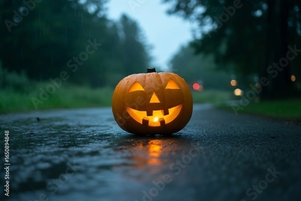 Fototapeta Spooky illuminated Jack-o'-lantern glows on wet road during rainy autumn evening, evoking Halloween mystery