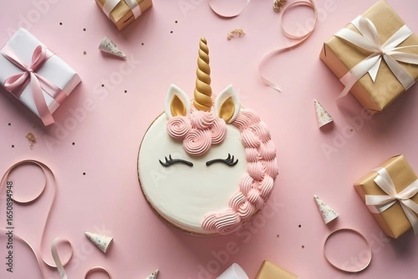 Fototapeta Whimsical unicorn cake celebration with gifts and festive decor creates pure joy and magic for any special occasion