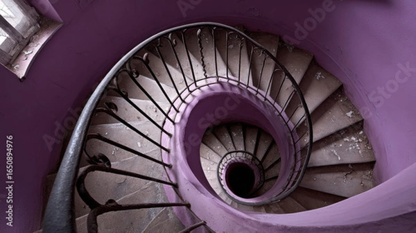 Fototapeta Spiral staircase view from above showing worn steps and purple walls, creating sense of depth