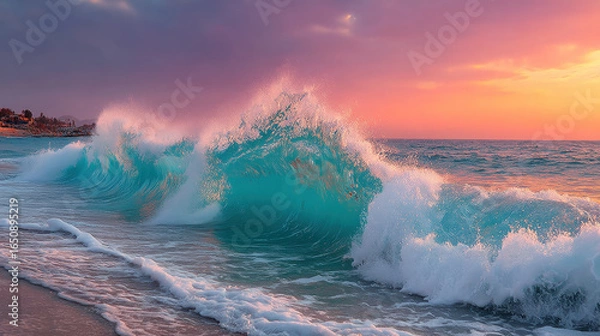 Fototapeta Large ocean wave crashing onto shore during sunset with colorful sky and pink clouds