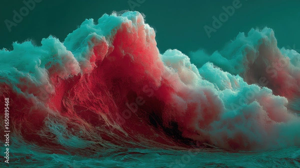 Fototapeta Large ocean wave with vibrant red and teal colors crashing against each other, creating dramatic