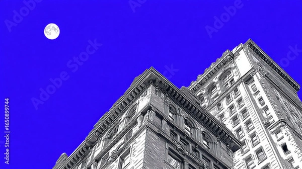 Fototapeta Tall historic building bright full moon with deep blue sky, detailed architecture, and surreal