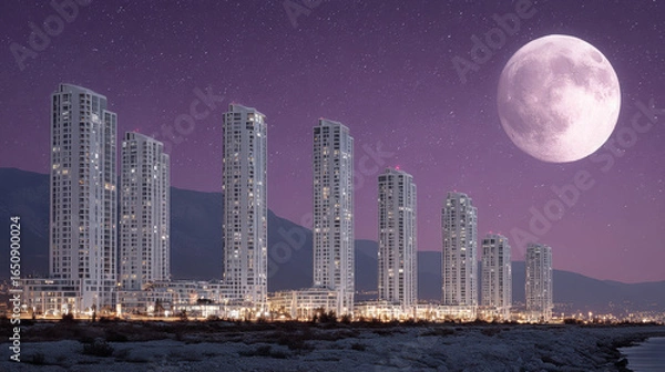 Fototapeta Cityscape night with tall buildings illuminated starry sky and large full moon, creating surreal