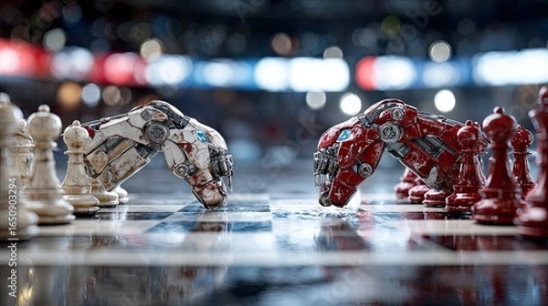 Fototapeta Robotic hands engaged in a strategic chess match, showcasing competition and advanced technology