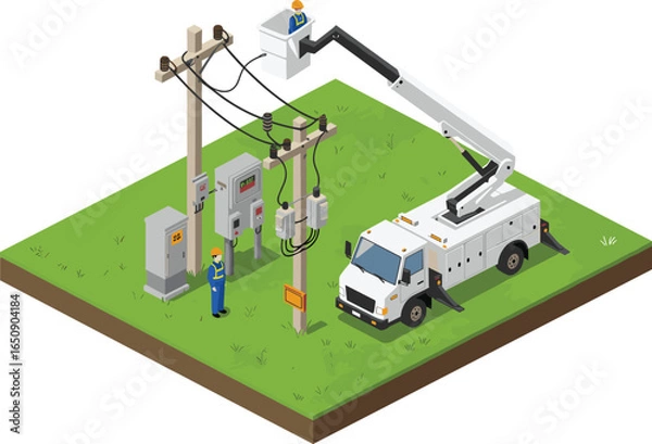 Obraz Isometric electrical utility workers repairing power lines with bucket truck on grassy land, electric power maintenance, energy service illustration