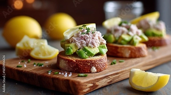 Fototapeta Asymmetrical arrangement of mini toasts topped with creamy avocado, tuna flakes, and lemon juice on a rustic wooden board, with scattered lemon wedges and avocado slices.