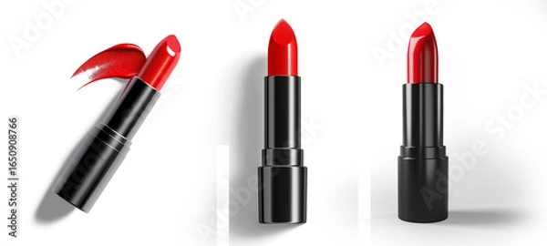 Fototapeta Vibrant Lipstick Trio: A captivating trio of red lipstick tubes, each poised to unleash a burst of beauty and allure, a tribute to timeless elegance.