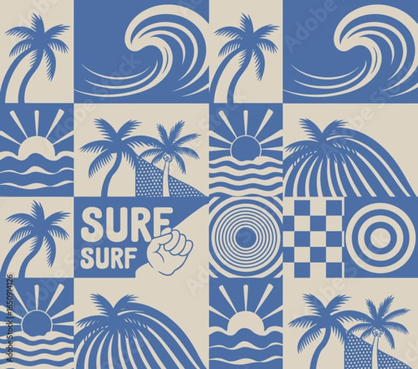 Fototapeta An eye-catching design featuring iconic surfing symbols such as palm trees and waves, representing the energetic spirit of surf culture and coastal lifestyle.
