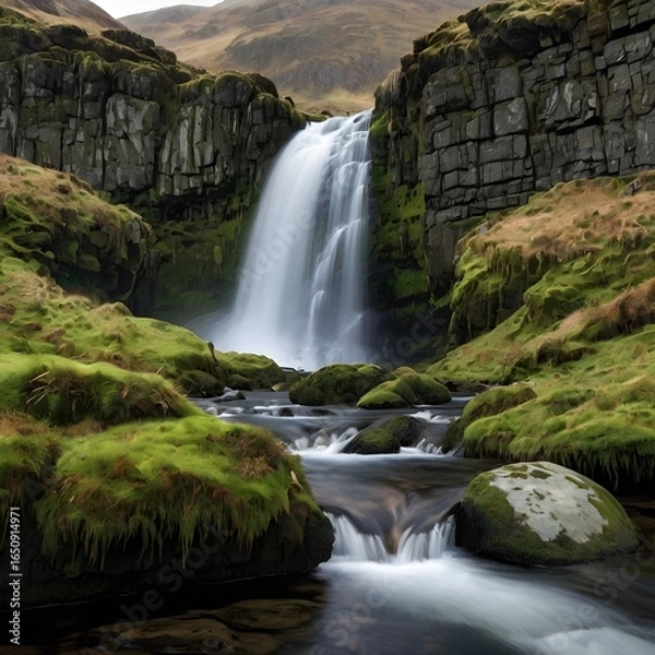 Fototapeta "Scottish Highlands Waterfall with Mossy Rocks, Sunlit Mist, and Granite Cliffs – Tranquil Nature Photography."