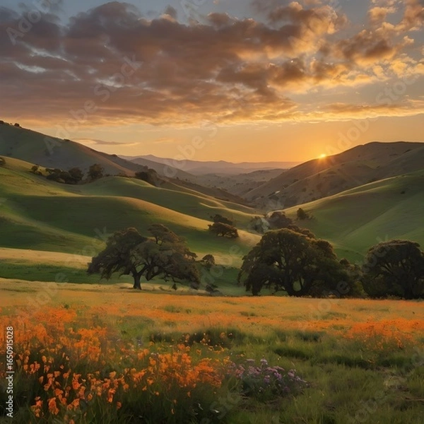 Fototapeta "Sunset Over Rolling Hills with Wildflowers, Oak Tree Silhouette, and Snow-Capped Mountains – Peaceful Nature Photography."