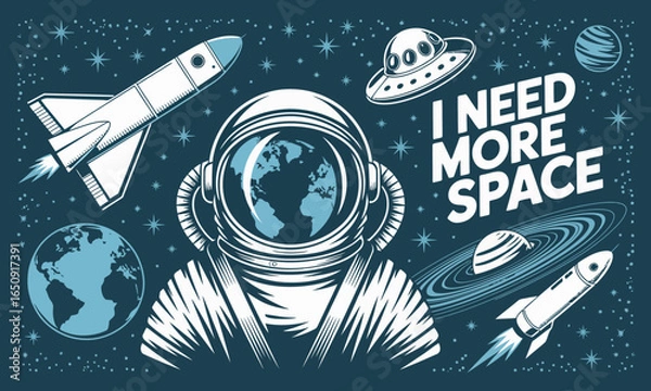Fototapeta This image features an astronaut helmet with Earth inside, surrounded by rockets and planets, illustrating the concept of space exploration and the universe.