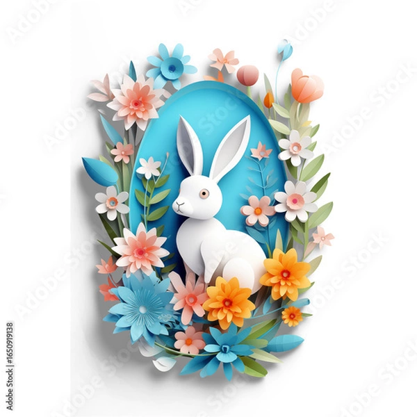 Fototapeta Easter Bunny's Springtime Charm: A pristine white bunny, surrounded by vibrant paper flowers, sits within a serene blue egg, celebrating the spirit of Easter.