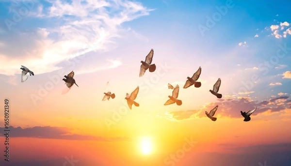 Fototapeta Doves soaring at sunset