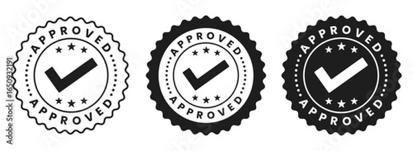 Fototapeta Approved stamp vector design with check mark, badge label, round seal icon symbol for certificate document, business confirmation, verification, quality assurance on transparent background