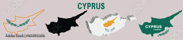 Fototapeta map set of cyprus flag. map in silhoutte,3D ,national colour and green colour.