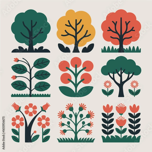 Fototapeta Ecosystem of Flora and Fauna : A set of vector illustrations depicting a variety of simple yet charming flora, including stylized trees, blossoming flowers, and vibrant leaves.