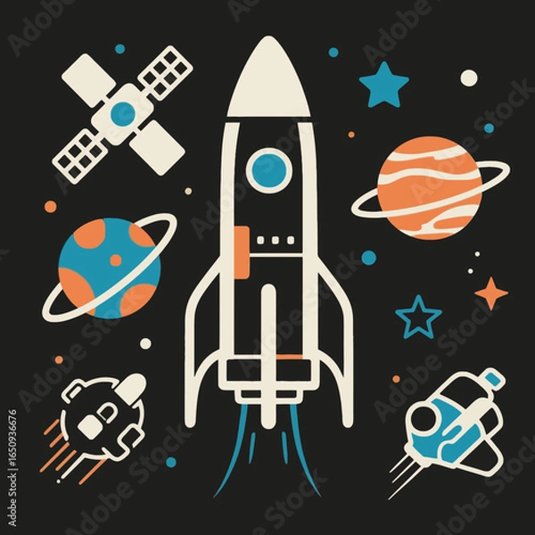 Fototapeta Celestial Expedition: A vibrant illustration showcasing a fleet of rockets soaring through a mesmerizing starscape, accompanied by radiant planets.