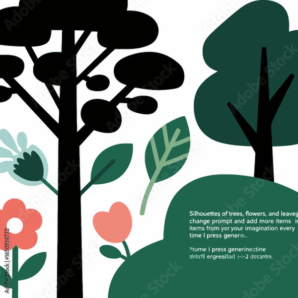 Fototapeta Ecosystem of Flora and Fauna : A set of vector illustrations depicting a variety of simple yet charming flora, including stylized trees, blossoming flowers, and vibrant leaves.