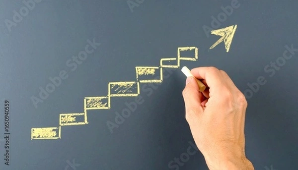 Obraz A hand drawing a white staircase with an upward-curving arrow on a dark gray background. Perfect for advertising business, success, and growth concepts 