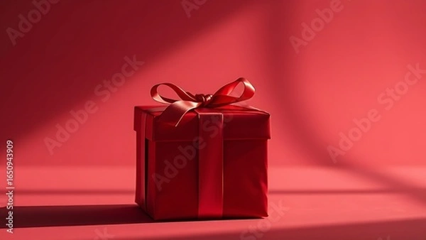 Fototapeta Elegant crimson gift box with satin ribbon, radiating a festive and luxurious atmosphere in minimalist style.
