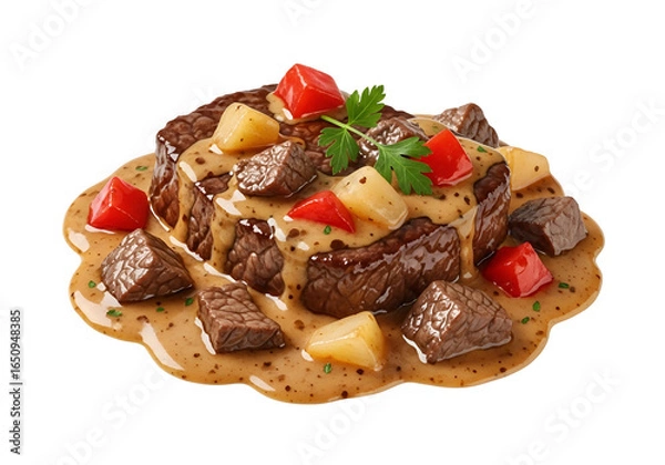 Fototapeta Premium Beef Steak with Vegetables and rich gravy served on a black background