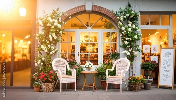 Fototapeta A charming storefront with an arched window and doorway adorned with lush white roses. Two wicker chairs sit outside. Perfect for retail, cafes, and travel ads